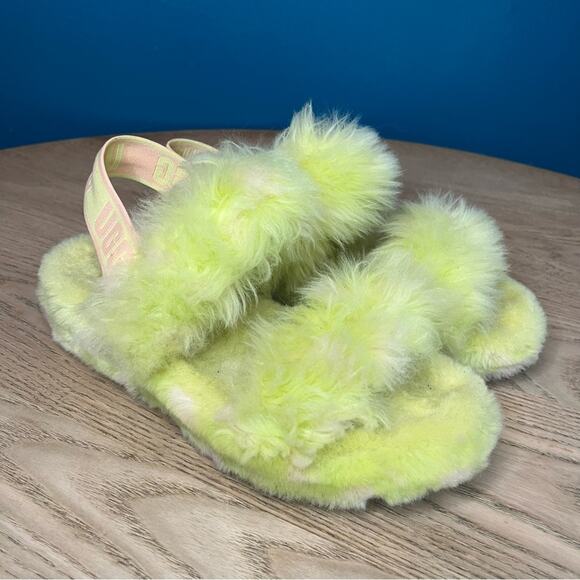 UGG Oh Yeah Spots Slide Slipper Fluffy Sandal Neon Green Pink Women’s Size 7 - Picture 1 of 9